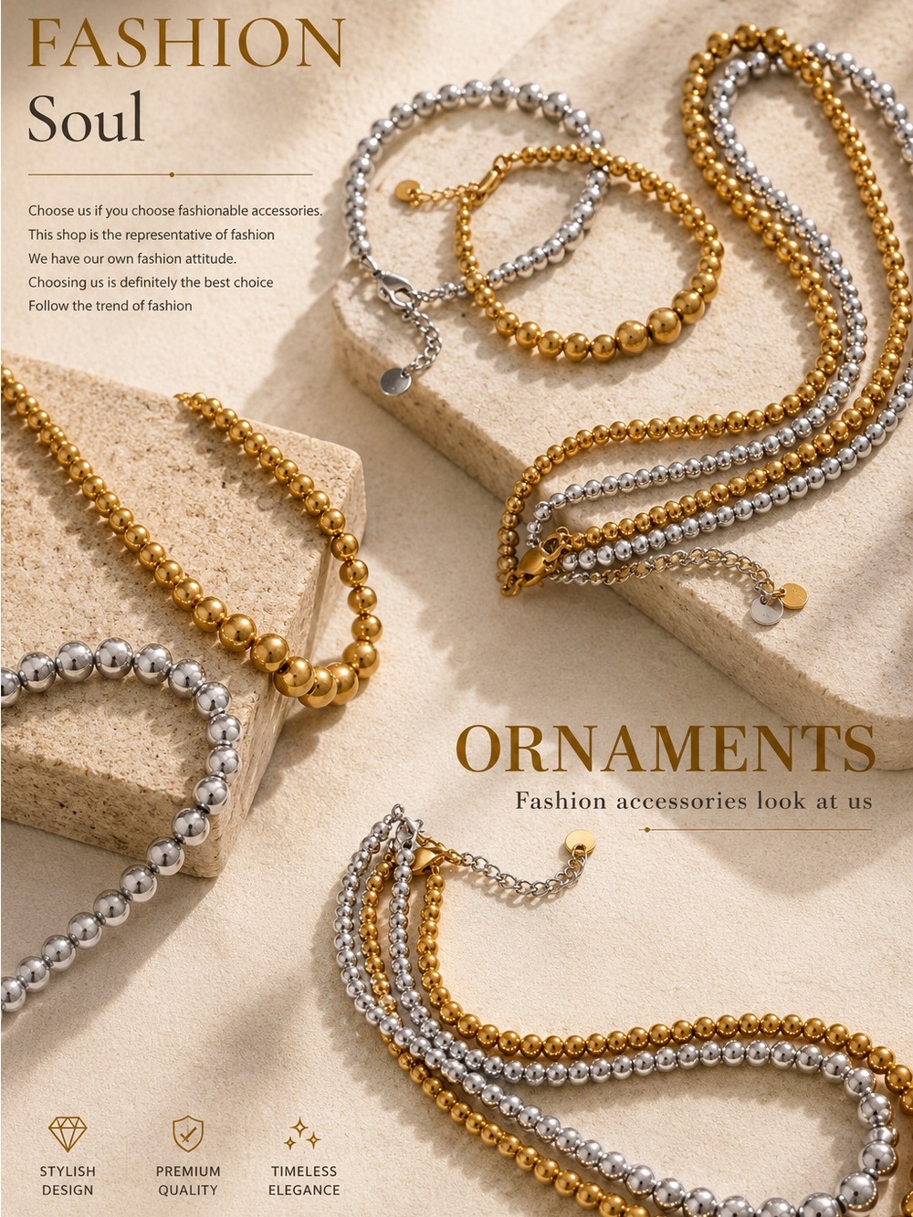 Shiny Gold Beaded Necklace and Bracelet Set. 18 K gold plated - Picture 8 of 9